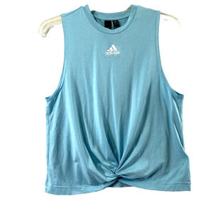 Adidas Sleeveless Tank Top Womens Medium Blue Criss‎ Cross Twist Bottom Athletic